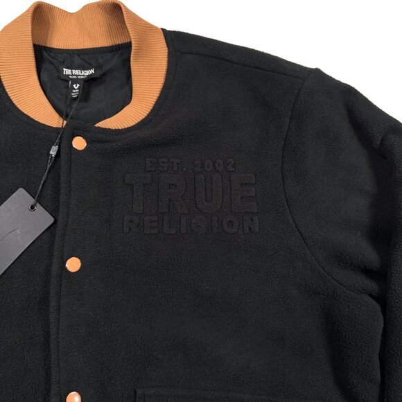 True Religion Black‎ Fleece Bomber Jacket Mens Medium Embossed Logo Snap NWT - Picture 8 of 12